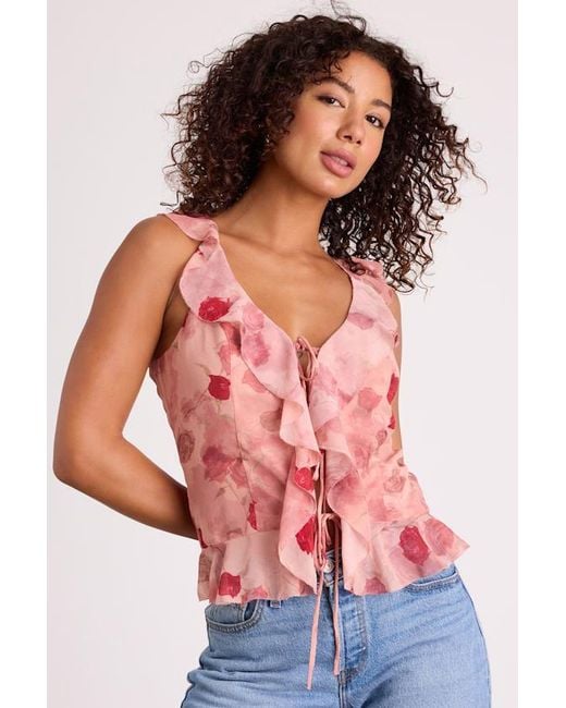 Lulus Red Ivanna Dusty Floral Ruffled Tie-Front Tank Top