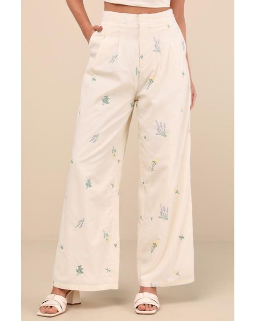 Lulus Natural Rowena Cream Embroidered Wide-Leg Pants