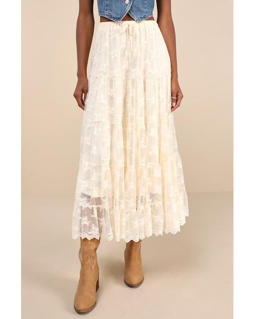 Lulus Blue Exceptionally Graceful Cream Lace High-Rise Tiered Midi Skirt