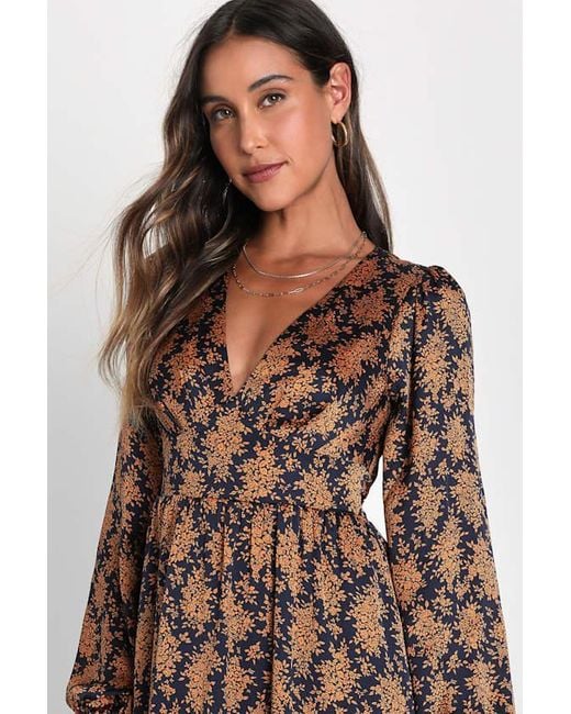 Lulus Brown Graceful Impression And Floral Print Midi Dress