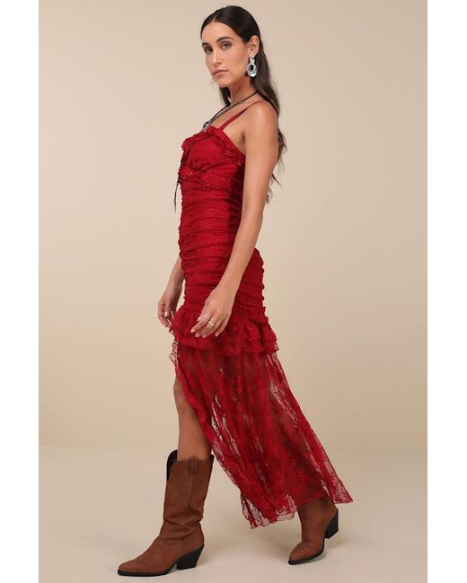 Lulus Red Iconic Charm Wine Lace Sleeveless Ruched Maxi Dress