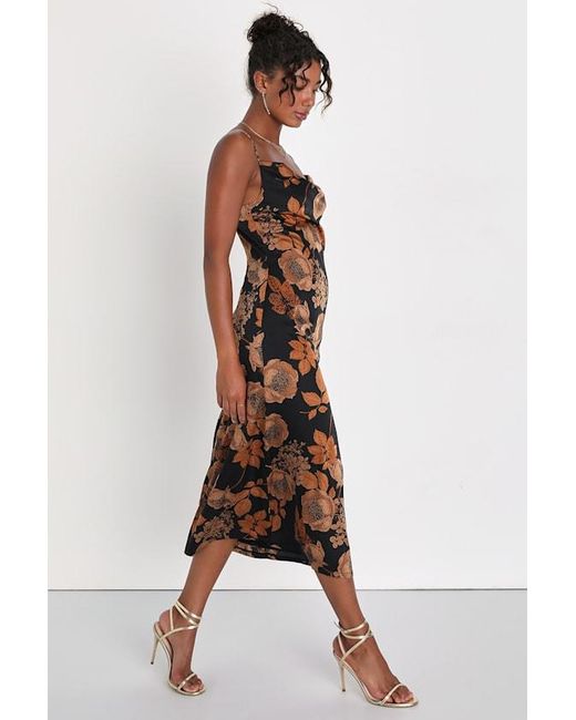 Lulus Black Favorite Icon Floral Satin Cowl Neck Slip Midi Dress