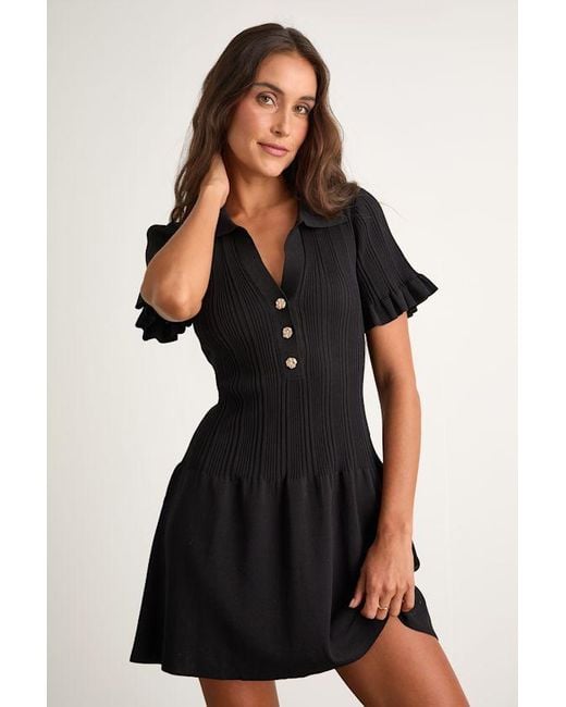 Lulus Women's Black Yavina Collared Skater Sweater Mini Dress