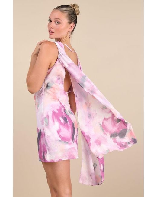 Lulus Pink Siya Abstract Print Cowl Sash Mini Dress