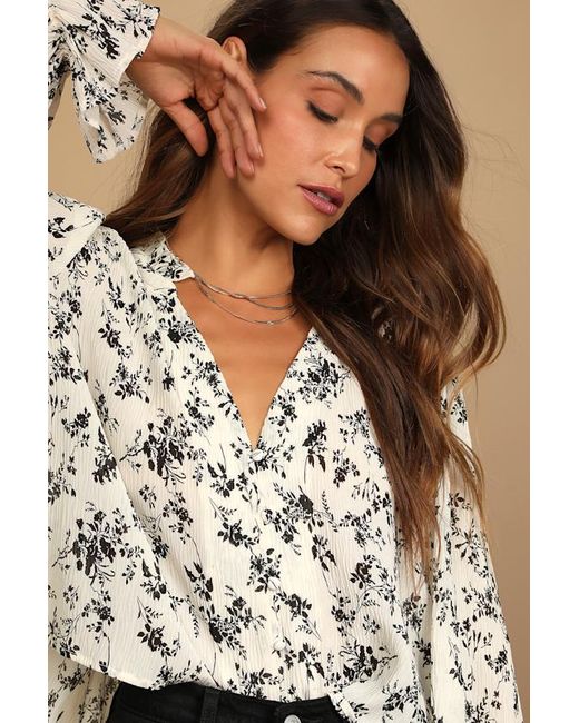 Lulus Natural Keep Things Classy Floral Print Button-Up Long Sleeve Top