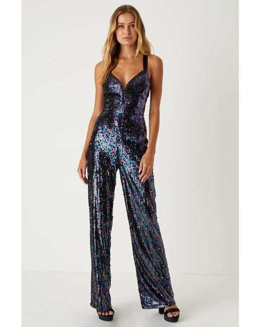 Lulus Blue Eye-Catching Diva Iridescent Sequin Lace-Up Jumpsuit