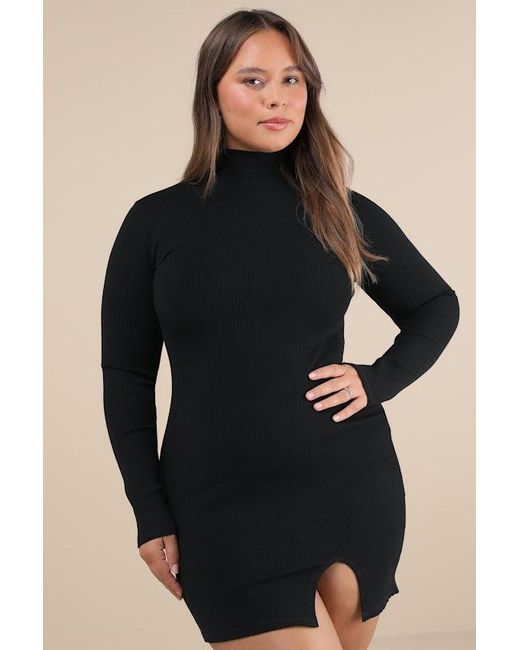 Lulus Black Sweet Season Ribbed Mock Neck Long Sleeve Bodycon Dress