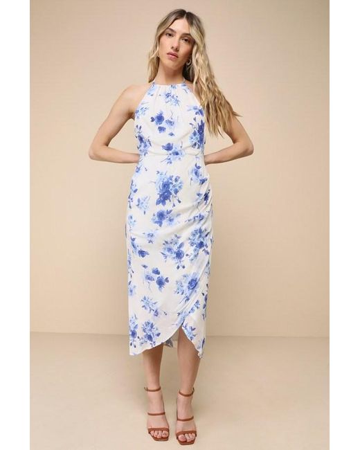 Lulus Blue Blooming Favorite And Floral Tulip Halter Midi Dress