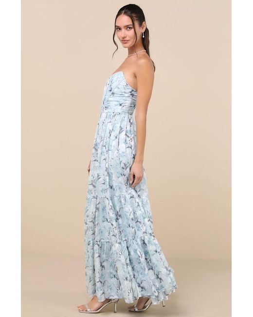 Lulus Blue Special Moment Floral Strapless Bustier Maxi Dress