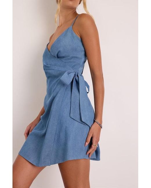 Lulus Blue Neya Chambray Wrap Mini Dress