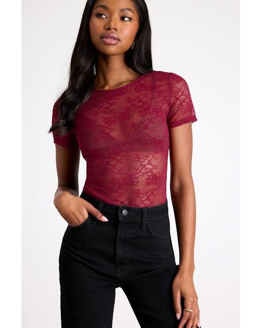Lulus Red Clearly Sultry Lace Sheer Short Sleeve Top
