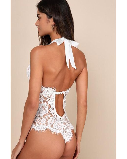 Lulus White Unforgettable Romance Sheer Lace Halter Bodysuit