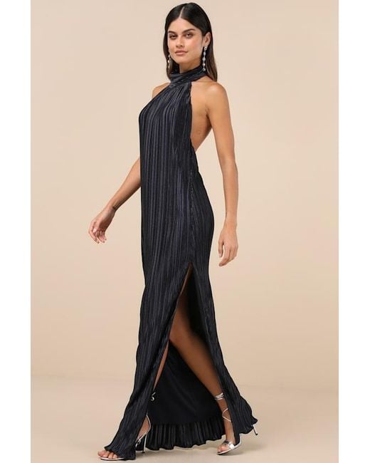 Lulus Blue Gwenny Dark Satin Plisse Maxi Dress