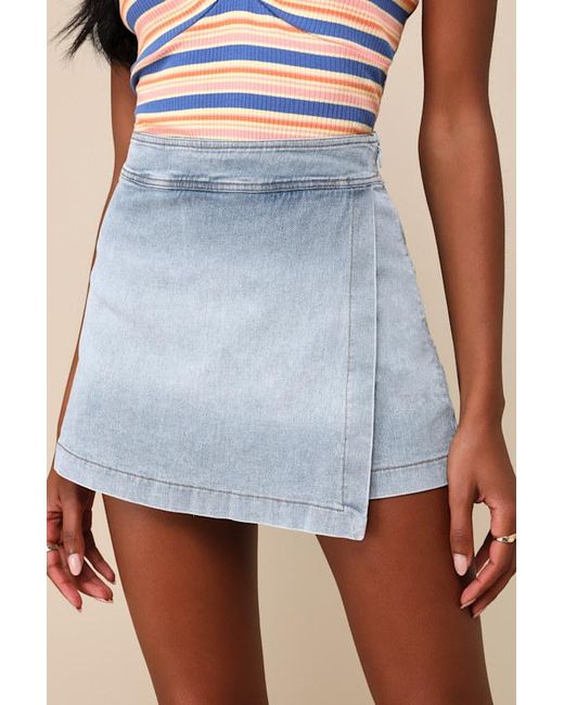 Lulus Blue Definite Perfection Light Wash Denim Faux Wrap Skort