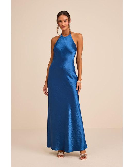 Lulus Blue Magnificence Satin Backless Halter Maxi Dress