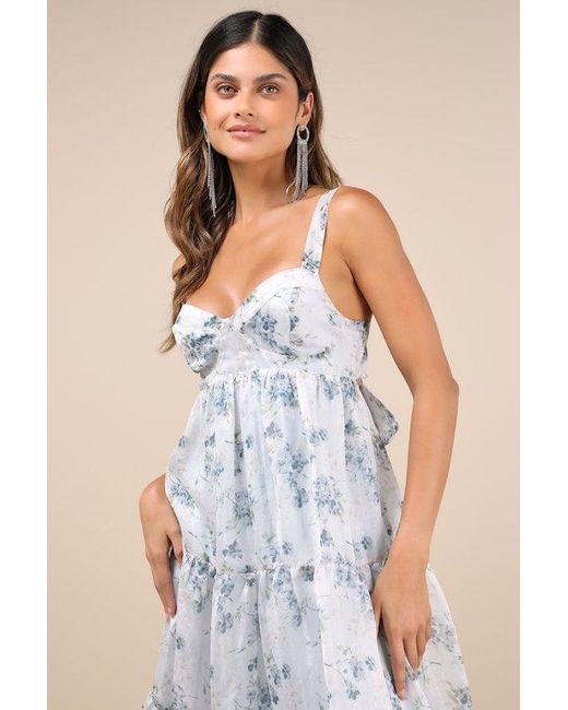 Lulus Blue Marvelously Darling Floral Tiered Backless Midi Dress