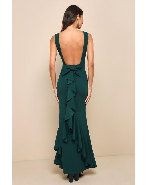 Lulus Green Exquisite Refinement Emerald Backless Bow Ruffled Maxi Dress