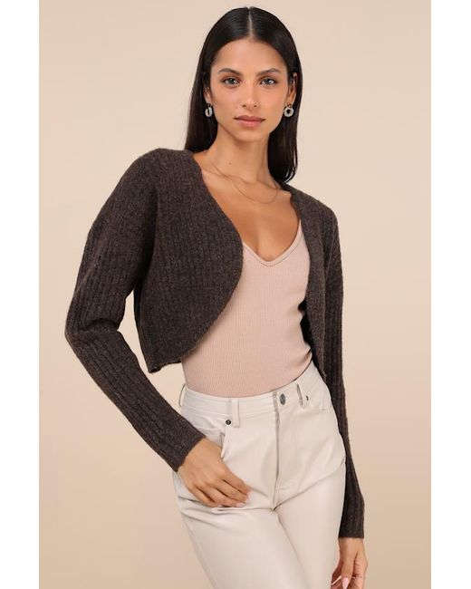 Lulus Natural Comfy Cuteness Dark Heathered Ribbed Knit Shrug Cardigan