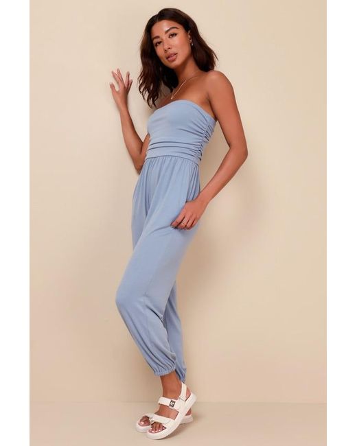 Lulus Blue Flawless Comfort Ruched Strapless Jogger Jumpsuit