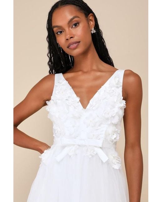 Lulus Natural Dreamy Presence Tulle Floral Applique Bow Midi Dress