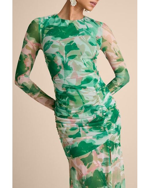Lulus Green Vibrant Poise Floral Print Mesh Ruched Maxi Dress