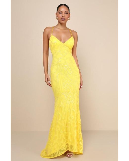 Lulus Yellow Perfect Enchantment Sequin Lace-Up Mermaid Maxi Dress