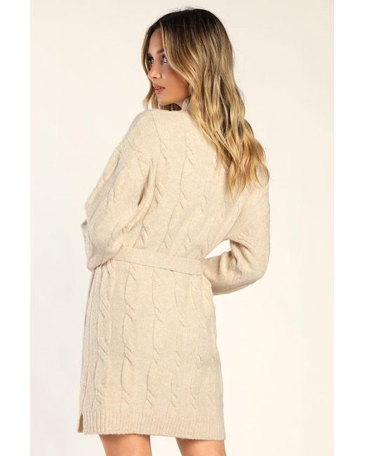 Lulus Natural Warmed Up To You Cream Cable Knit Mock Neck Sweater Dress