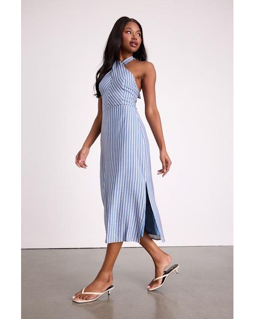 Lulus Blue Gratiana Striped Cross-Front Halter Midi Dress
