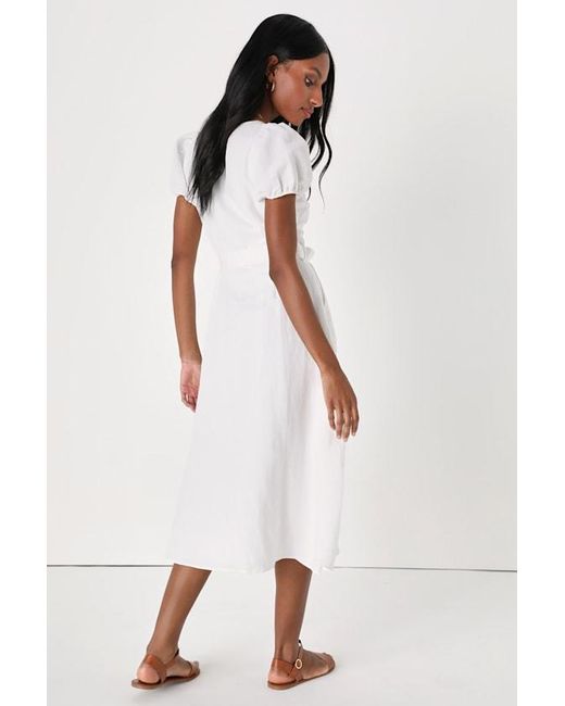 Lulus White Sicily Sweetheart Button-Front Puff Sleeve Midi Dress