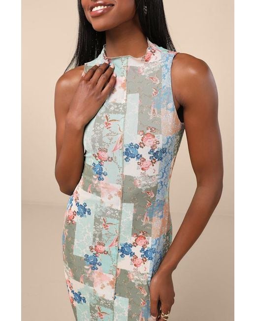 Lulus Natural Ziya Multi Floral Mesh Mock Neck Midi Dress