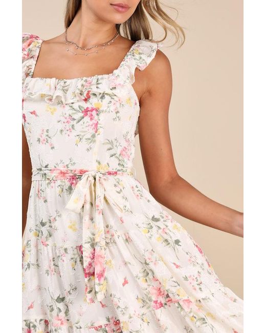 Lulus Natural Shela Floral Jacquard Tiered Midi Dress