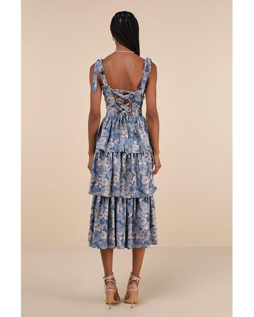 Lulus Blue Lovely Bliss Floral Jacquard Strapless Bustier Midi Dress