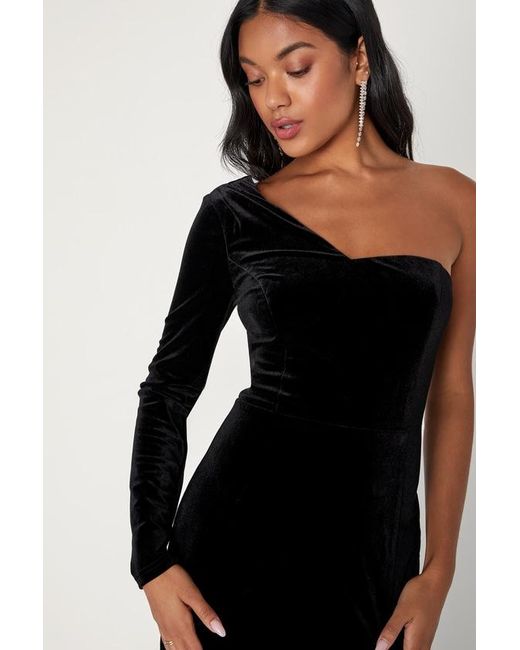 Lulus Black Mysterious Elegance Velvet One-Shoulder Maxi Dress