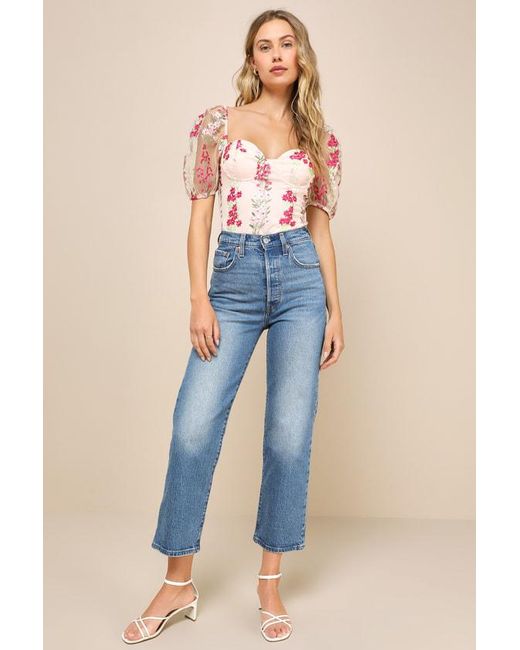Lulus Pink Essence Of Elegance Embroidered Floral Bustier Bodysuit