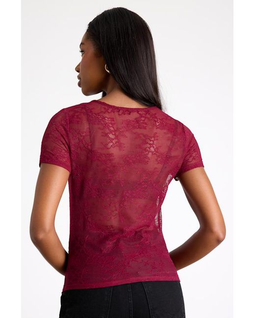 Lulus Red Clearly Sultry Lace Sheer Short Sleeve Top