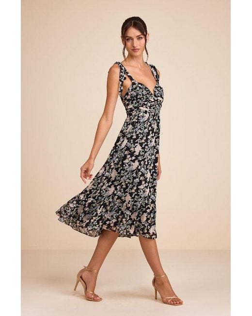 Lulus Black Lush Loveliness Floral Lurex Tie-Strap Midi Dress