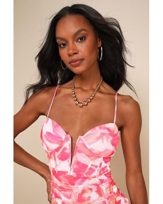 Lulus Pink Vivid Appeal Multi Print Ruched Bustier Mermaid Maxi Dress