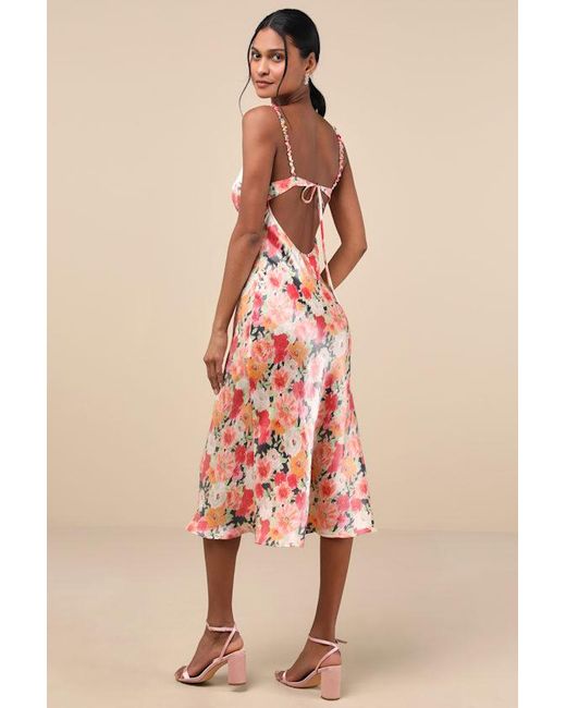 Lulus Natural Sensational Spirit Multi Floral Satin Tie-Back Midi Dress