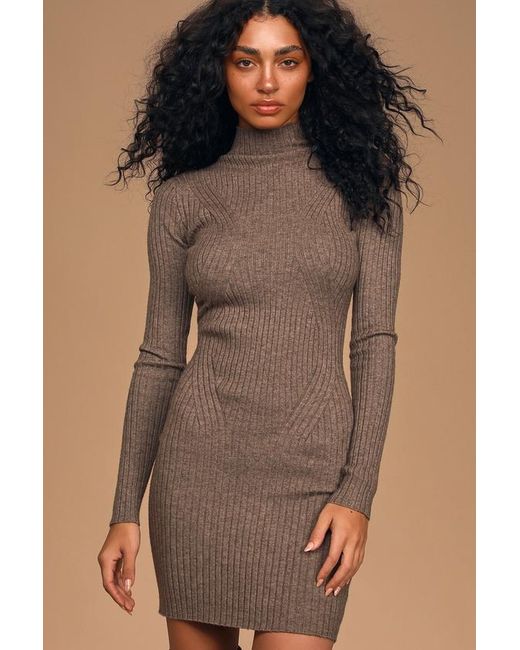 Lulus Brown Snug As Can Be Heather Ribbed Mock Neck Sweater Dress