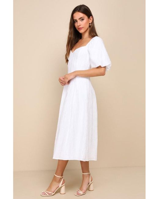 Lulus Natural Heavenly Energy Textured Puff Sleeve Pleated Midi Dress