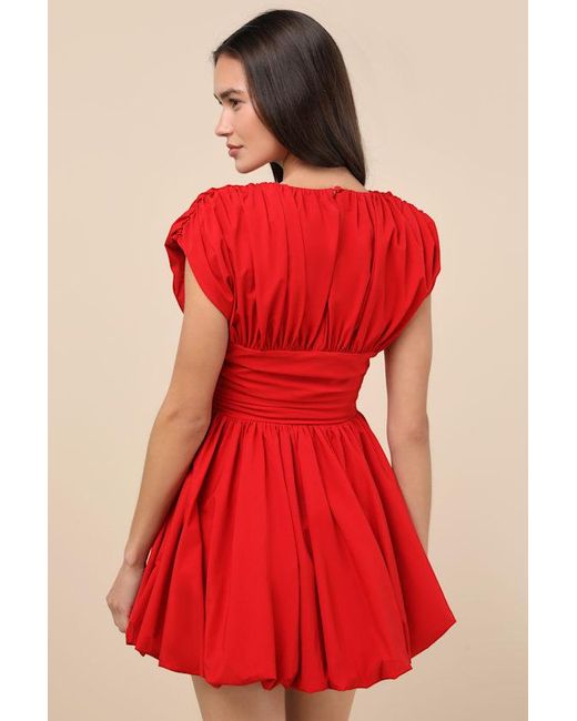 Extro & Vert Red Orla Ruched Cap Sleeve Bubble-Hem Mini Dress