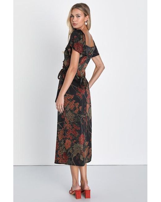 Lulus Black Subtle Elegance Floral Print Faux Wrap Midi Dress