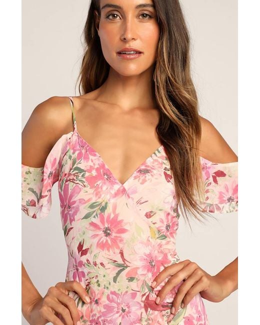 Lulus Pink Watch Me Grow Floral Print Cold-Shoulder High-Low Dress