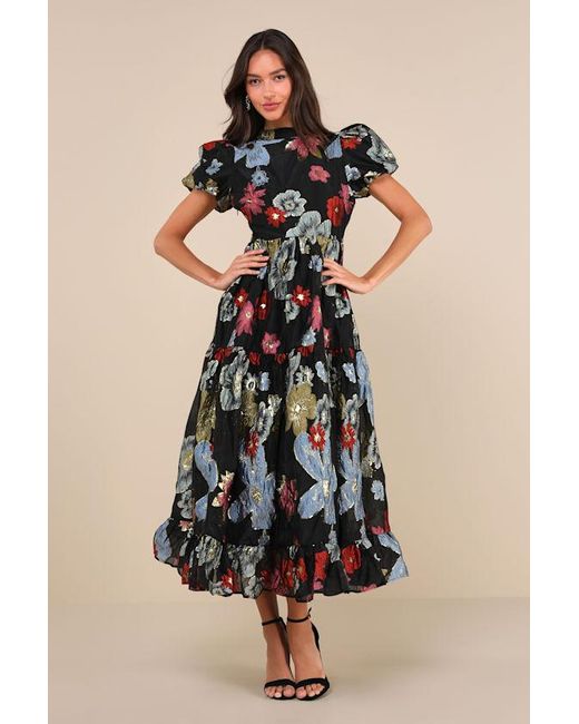 Sister Jane Black Poetic Multi Floral Jacquard Tiered Puff Sleeve Maxi Dress