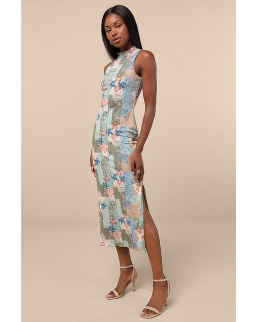 Lulus Natural Ziya Multi Floral Mesh Mock Neck Midi Dress