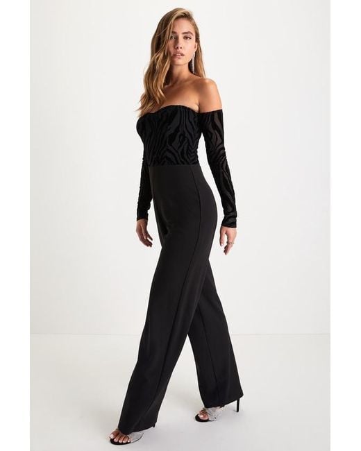 Lulus Black Stunning Occasion Burnout Velvet Off-The-Shoulder Jumpsuit