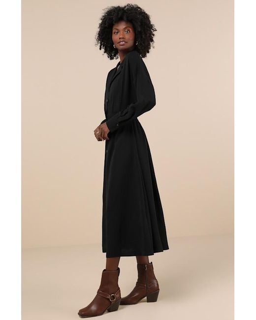 Lulus Black Timeless Class Collared Button-Up Pleated Midi Dress