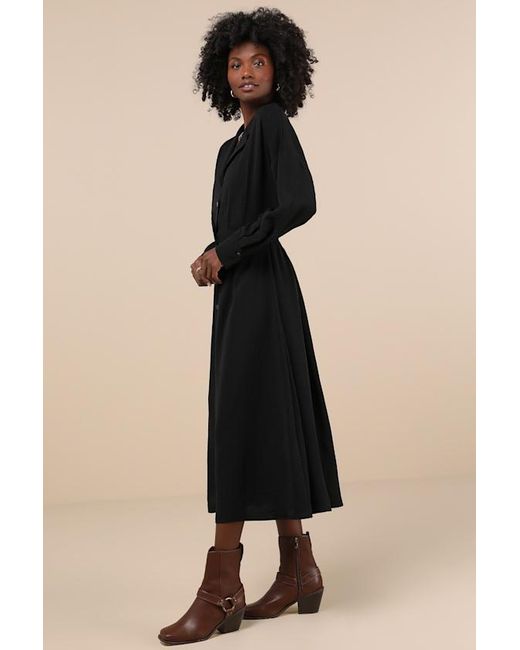 Lulus Black Timeless Class Collared Button-Up Pleated Midi Dress