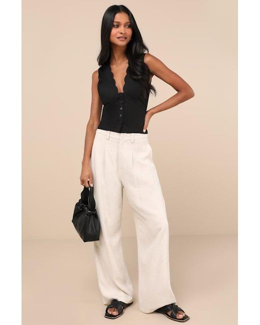 Lulus Black Seasonally Lovely Scalloped Button-Front Top