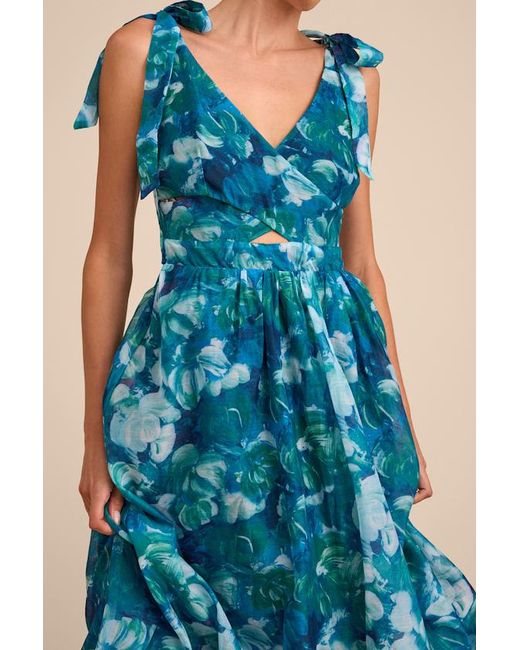 Lulus Blue Flowering Day Dream Floral Organza Midi Bubble Dress
